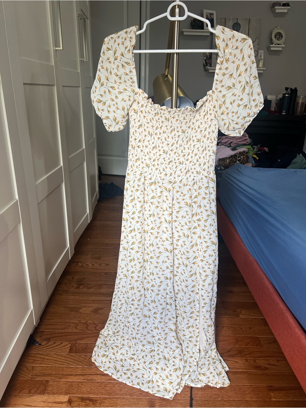 Reformation Smocked Floral Maxi Dress in Ivory and Mustard